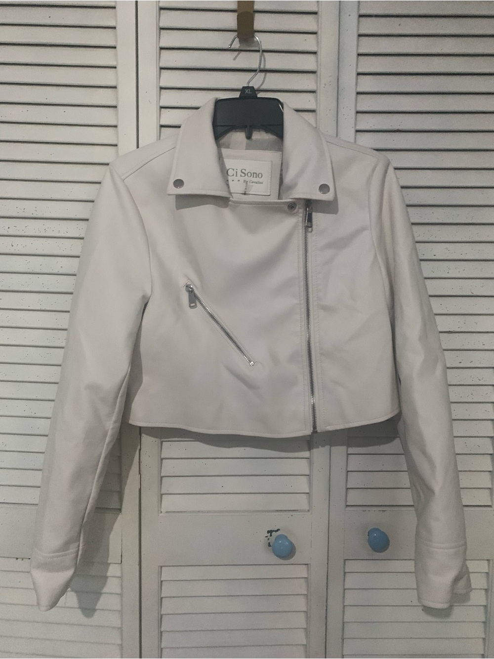 Ci Sono by Cavalini Winter White Moto Style Cropped Faux Leather Jacket Small